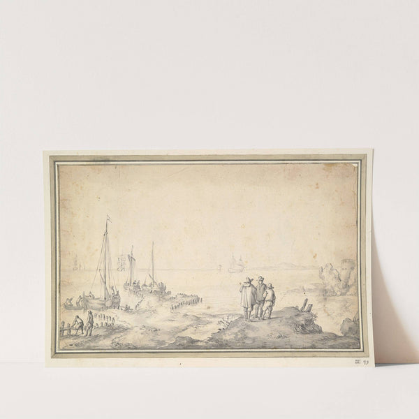 Three Figures on a Dune Overlooking Bay with Ships by Jan van Goyen