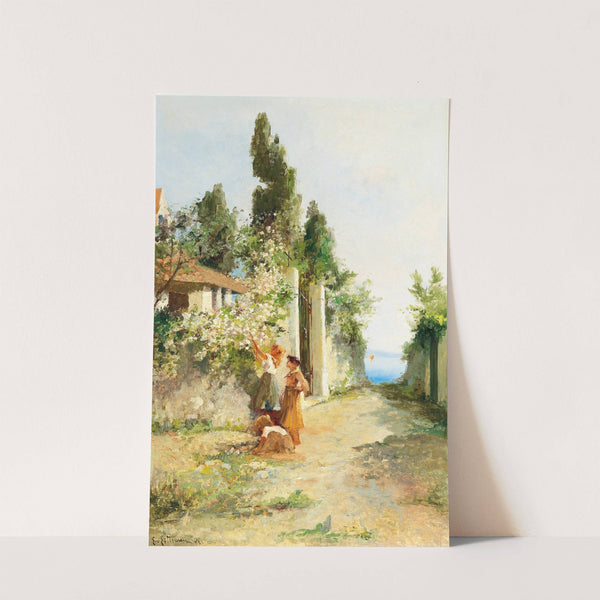 Three girls gathering roses by Leontine von Littrow