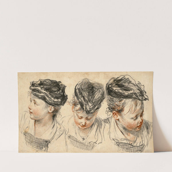 Three head studies of a girl wearing a hat by Jean-Antoine Watteau