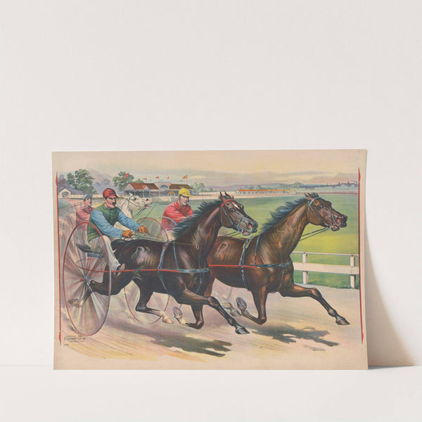 Three horses with jockeys running a harness race (1892) by Calvert Litho. Co
