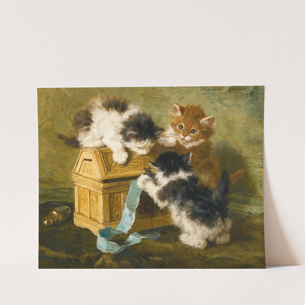 Three Kittens With A Casket And Blue Ribbon by Henriëtte Ronner-Knip