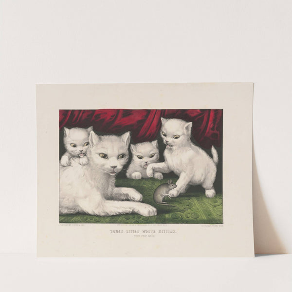 Three little white kitties – their first mouse (1871) by Currier & Ives.