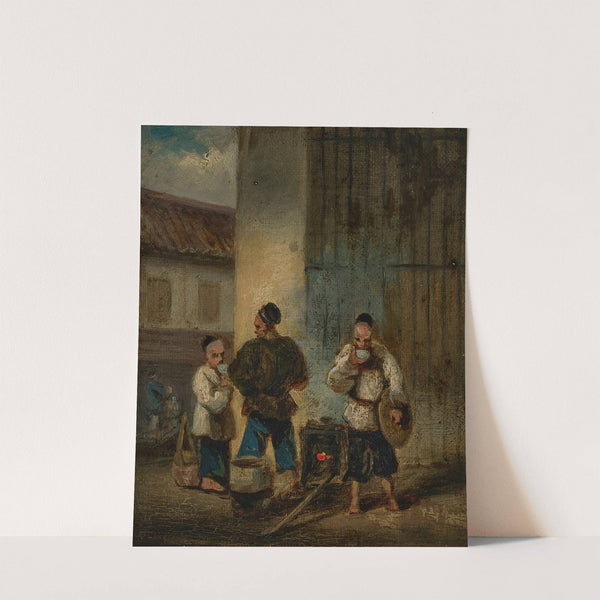 Three men drinking soup around a brazier by George Chinnery