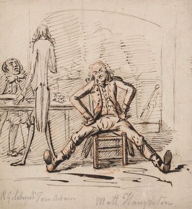 Three Men in a Room; Gilchrist Seated at a Table, Tom Adam standing, Seen from Behind, and Matt Haughton seated Legs Outspread and Arms Akimbo before a Fire