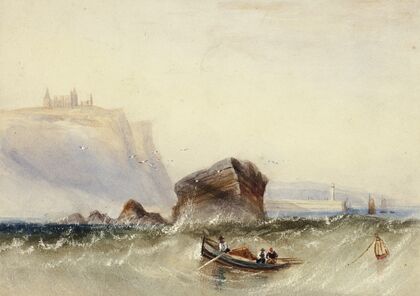 Three Men in Rowboat off Rocky Coast — size preview
