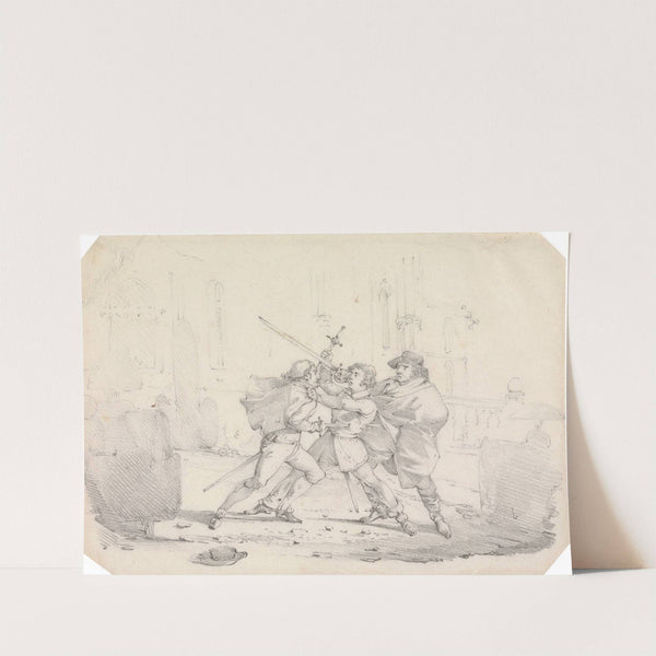 Three Men in Seventeenth Century Dress, in a Street Sword Fight, Central Man Run Through by Henry Thomas Alken