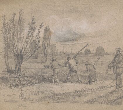 Three men standing at the edge of a pond (1854)
