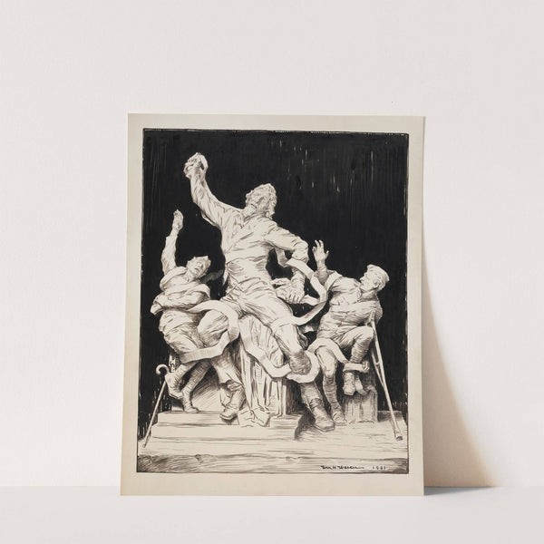 Three men, two of them wounded soldiers and one of them an older man, possibly Uncle Sam, struggle against ropes (1921) by William Henry Walker