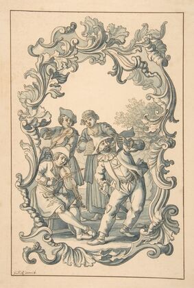 Three Musicians and Harlequin in an Ornamental Frame