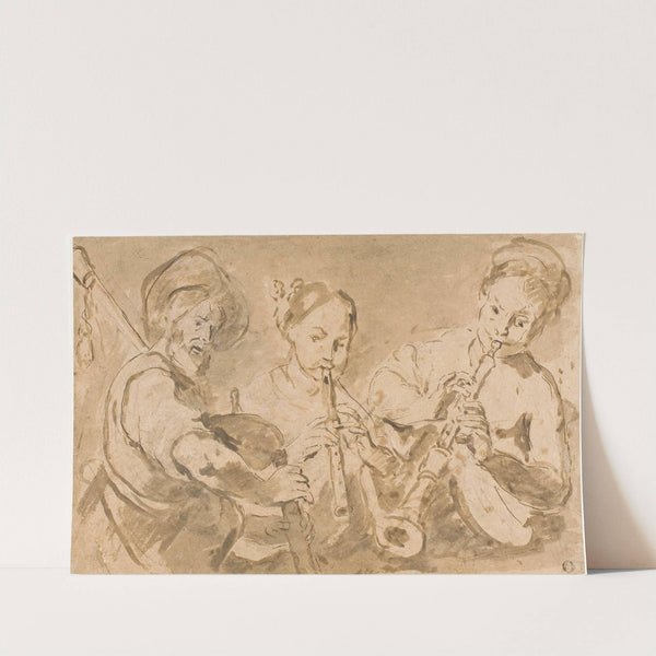 Three Musicians Playing Horns and Pipe by After Bernardo Strozzi