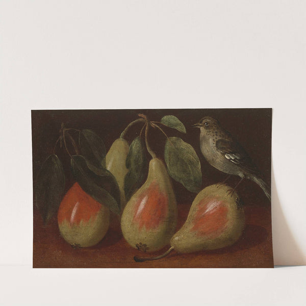 Three pears and a bird on a ledge by Orsola Maddalena Caccia