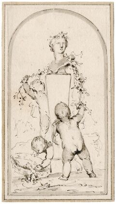 Three putti adorning a herm of Flora
