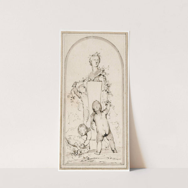 Three putti adorning a herm of Flora by Jacob de Wit