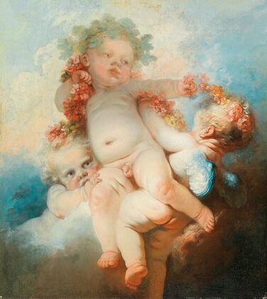 Three Putti crowned with flowers