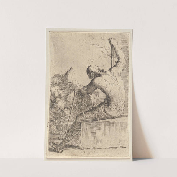 Three Soldiers, One Seated and Supporting Himself with a Cane and Shield (1656 - 1657) by Salvator Rosa