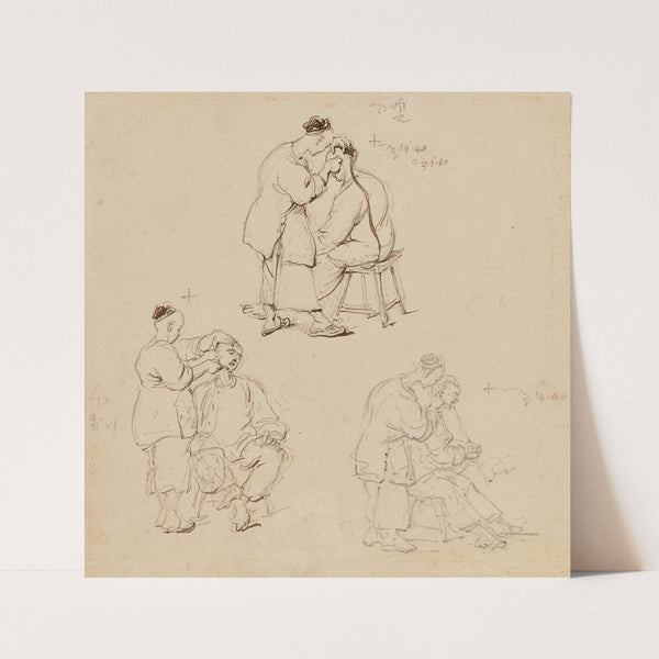 Three studies of a Chinese barber (1840) by George Chinnery