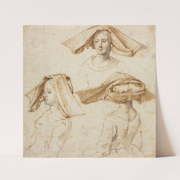 Three Studies of a Woman Wearing an Elaborate Headdress (c. 1500) by Peter Paul Rubens