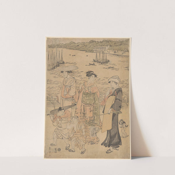Three Women and Two Children by the Water (ships in background) by Toyokuni Utagawa