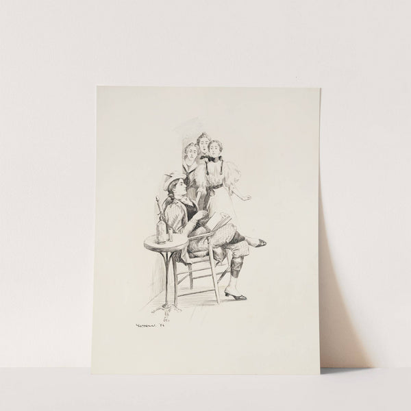 Three women in dresses look shocked at another woman who is reading, wearing a suit, smoking and drinking. (1896) by William Henry Walker