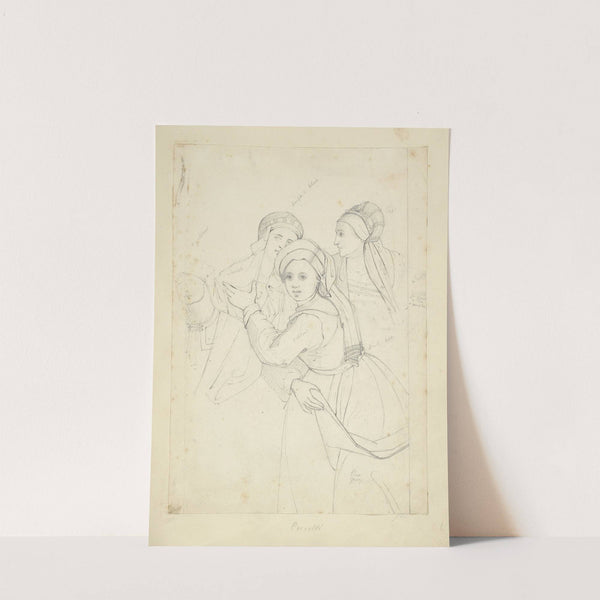 Three women in hats with trains viewed half length, a fourth figure partially sketched by Stewart Watson