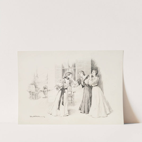 Three women laughing together, with a fourth reading around the corner. (1896) by William Henry Walker