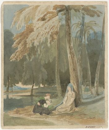 Three Women Seated by a Wooded Lake