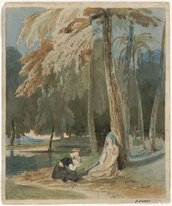 Three Women Seated by a Wooded Lake