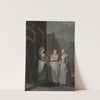 Three women talking at night in a Dutch city, one holding a candle by Jacobus Buys