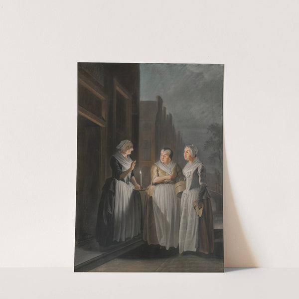Three women talking at night in a Dutch city, one holding a candle by Jacobus Buys
