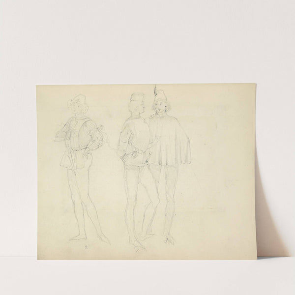 Three young men in tights and caps, wearing a smock, jacket, and cape by Stewart Watson