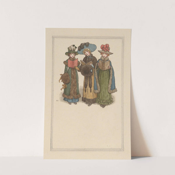 Three young women in Victorian attire, caroling (1886) by Kate Greenaway