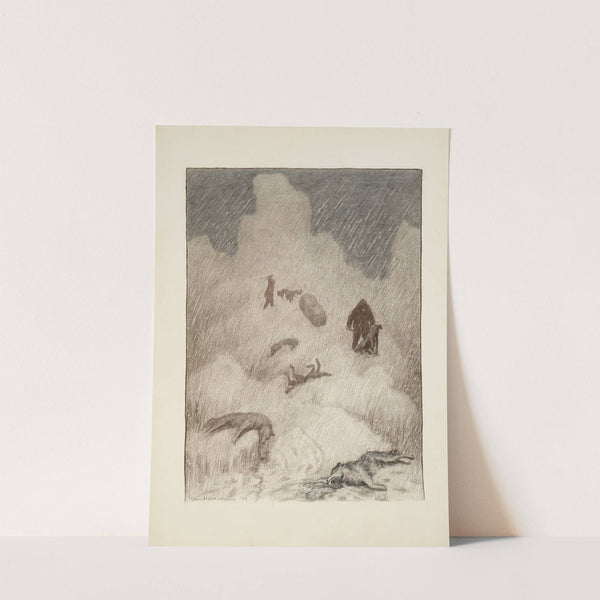 Through a storm, two figures can be seen clubbing dogs or wolves. The bodies of four others lie on the ground. (1897) by William Henry Walker