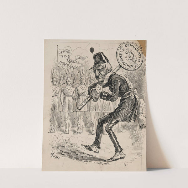 Tilden carrying sign that reads ‘Democratic Leadership Nomination ’84.’ Hewitt, Bayard, and Randall in background (1884) by Bernard Gillam
