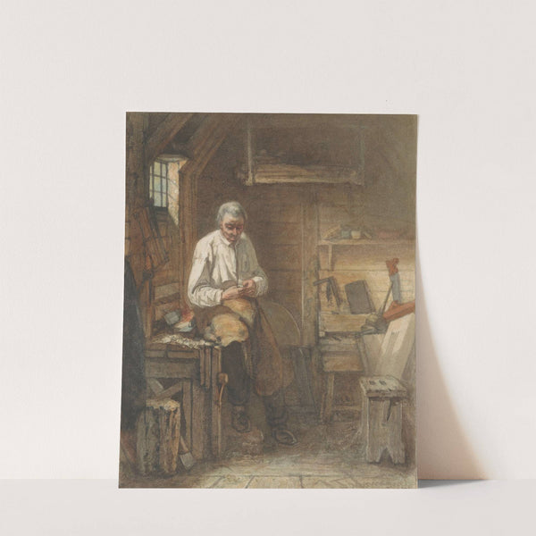 Timmerman zittend op een schaafbank in zijn werkplaats by Jacob Taanman