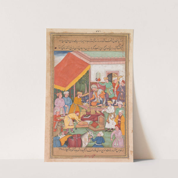Timur distributes gifts from his grandson, the Prince of Multan, from a Zafar-nama (Book of Victories) (1598–1600) by Shravana