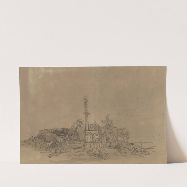 Tiroler Dorfbevölkerung und Tiere um einen Brunnen mit dem Standbild der Jungfrau Maria by Friedrich Gauermann