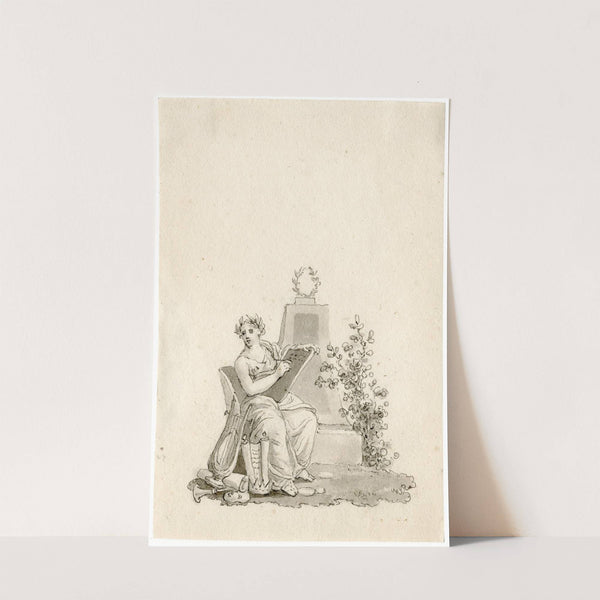 Titelblad: gelauwerde, schrijvende vrouw, met attributen by Reinier Vinkeles