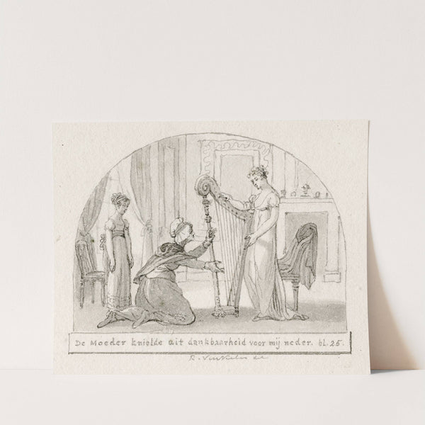 Titelblad: oudere vrouw knielt bij jonge vrouw met harp by Reinier Vinkeles