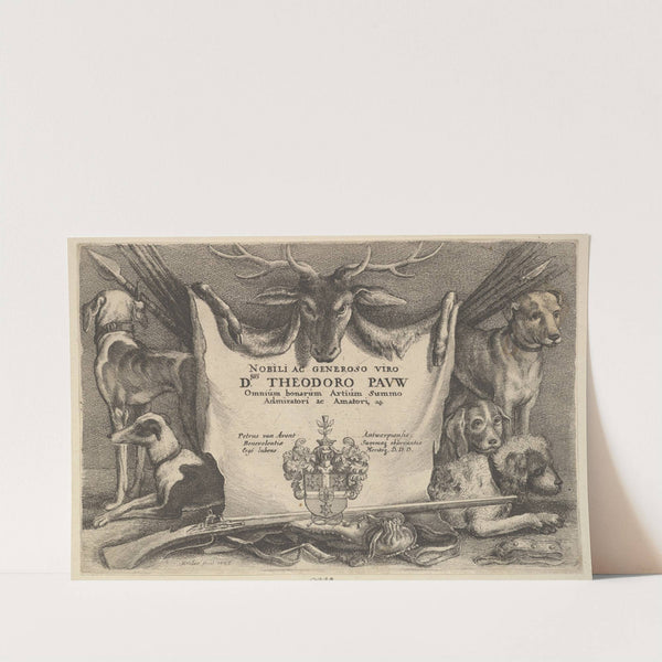 Titlepage with hounds and hunting equipment (1647) by Wenceslaus Hollar