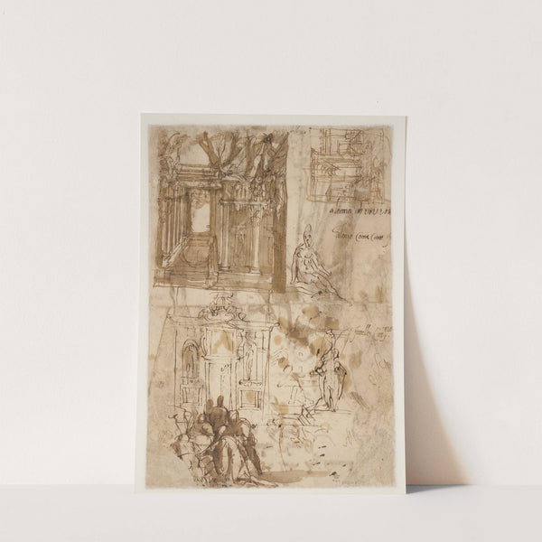 To arkitektoniske kompositionsstudier En arkitektonisk skitse af samme og to figurstudier by Maganza