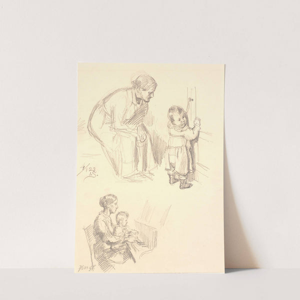 To figurstudier. Øverst en siddende kvinde som iagttager et barn ved en dør; nederst en kvinde med et banr ved klaveret by Joakim Skovgaard