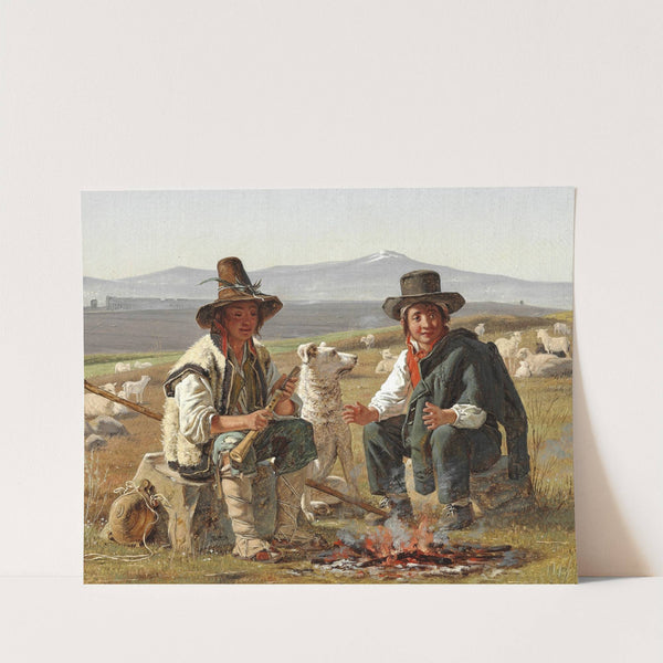 To italienske hyrdedrenge siddende ved ilden by Martinus Rørbye