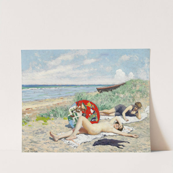 To piger og en japansk parasol på Hornbæk strand by Paul Fischer