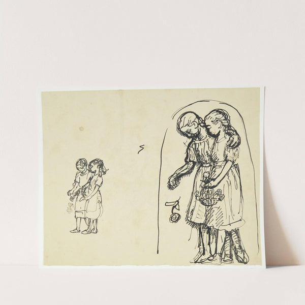 To små piger, der strør blomster To udkast på samme blad by Peter Hansen