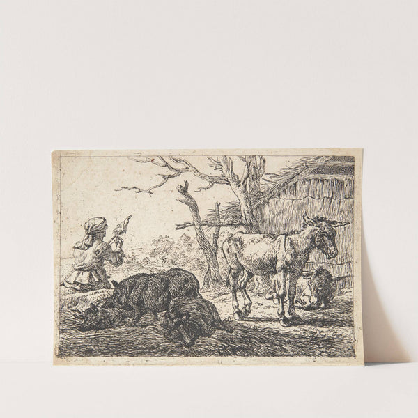 To svin og tre æsler, tv en spindende kvinde by Pieter van Laer