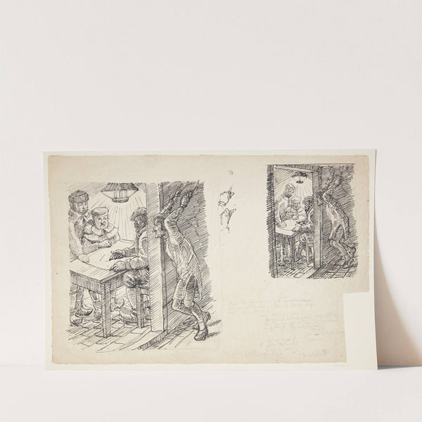 To udkast til præsten Hans Madsen, der ophængt ved tommelfingrene lytter til Fjendens rådslagning by Peter Hansen