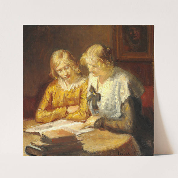 To unge piger sidder ved bordet og læser i en bog by Michael Ancher