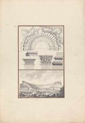 Top Panel: Plan, Column Details: Bottom Panel: View of a Ruined Theater, Probably that at Miletus