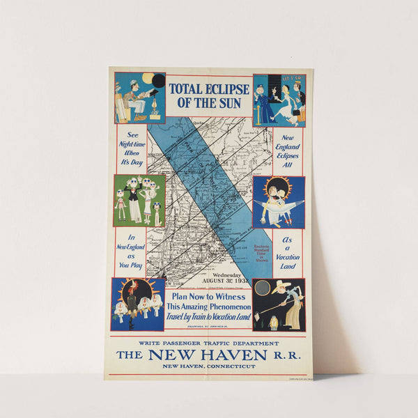 Total eclipse of the sun. Plan now to witness this amazing phenomenon. Travel by train to vacation land (1932) by John Held, Jr.