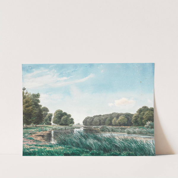 Trærigt landskab med en sø og tre børn der står og fisker by P. C. Skovgaard